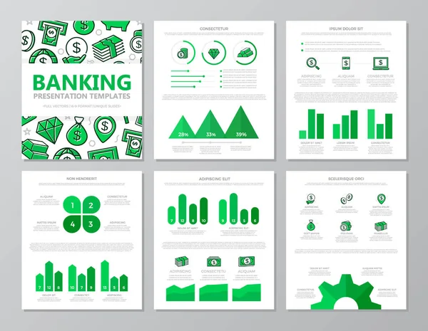 着色された銀行および多目的 a4 スライド テンプレート グラフとチャートのお金要素のセットです。リーフレット、企業レポート、マーケティング、広告、年次報告書、書籍カバー デザイン. — ストックベクタ