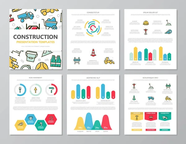 Набір кольорових елементів побудови та ремонту для багатоцільових слайдів шаблонів презентації a4 з графіками та діаграмами. Листівка, корпоративний звіт, маркетинг, реклама, річний звіт, обкладинка книги — стоковий вектор
