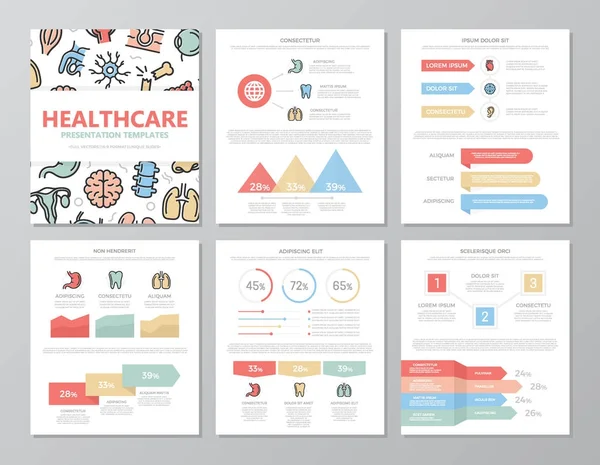 Набор цветных медицинских элементов и элементов здравоохранения для многоцелевых слайдов-презентаций формата a4 с графиками и графиками. Брошюра, корпоративный отчет, маркетинг, реклама, годовой отчет, обложка книги — стоковый вектор