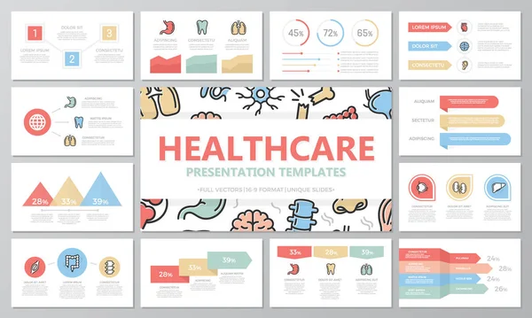 다목적 프레 젠 테이 션 템플릿 슬라이드 그래프와 차트에 대 한 의료 및 건강 관리 요소의 집합입니다. 전단지, 기업 보고서, 마케팅, 광고, 연례 보고서, 책 표지 디자인. — 스톡 벡터