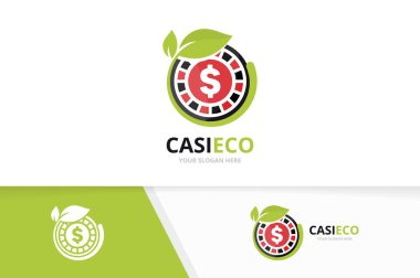 Vektör casino ve yaprak logo bileşimi. Chip ve eko simge veya simge. Benzersiz rulet oyun ve organik logo tasarım şablonu.