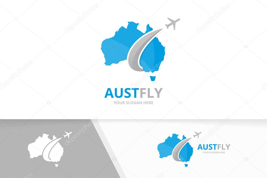 Vector of australia and plane logo combination. Oceania and travel symbol or icon. Unique continent and flight logotype design template.