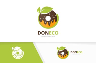 Vektör çörek ve yaprak logo bileşimi. Halka ve eko simge veya simge. Benzersiz ekmek ve organik logo tasarım şablonu.