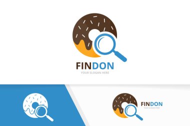 Vektör çörek ve Büyüteç logo bileşimi. Halka ve simge veya simge büyütme. Benzersiz ekmek ve arama logo tasarım şablonu.