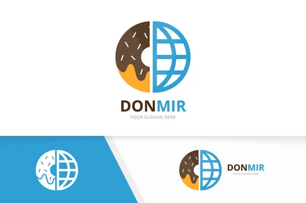 Donut vectorial y combinación de logotipo del planeta. Donut y símbolo del mundo o icono. Plantilla única de diseño de logotipo de panadería y globo . — Vector de stock