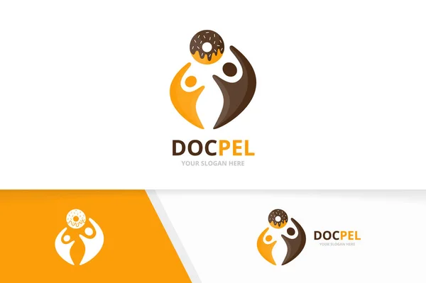 Vector donut en mensen logo-combinatie. Donut en familie symbool of pictogram. Unieke bakkerij en Unie, helpen, sluit, team logo ontwerpsjabloon. — Stockvector