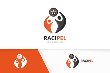 Vektör tekerlek ve insanlar logo bileşimi. Lastik ve aile simge veya simge. Benzersiz araba ve Birliği, yardım, bağlanmak, takım logo tasarım şablonu.