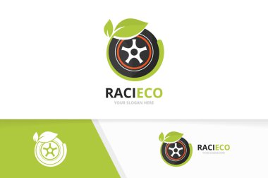 Vektör tekerlek ve yaprak logo bileşimi. Lastik ve eko simge veya simge. Benzersiz lastik ve organik logo tasarım şablonu.