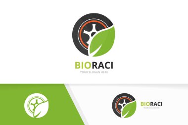 Vektör tekerlek ve yaprak logo bileşimi. Lastik ve eko simge veya simge. Benzersiz lastik ve organik logo tasarım şablonu.