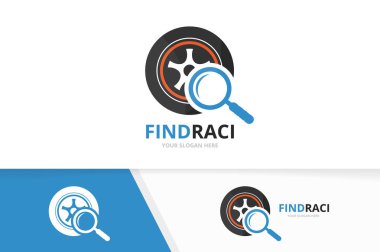 Vektör tekerlek ve Büyüteç logo bileşimi. Lastik ve simge veya simge büyütme. Benzersiz lastik ve arama logo tasarım şablonu.