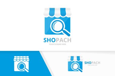 Vektör mağaza ve Büyüteç logo bileşimi. Pazar ve simge veya simge büyütme. Eşsiz dükkan ve arama logo tasarım şablonu.