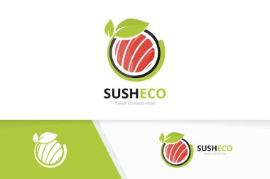 Vektör suşi ve yaprak logo bileşimi. Japon gıda ve çevre simge veya simge. Eşsiz deniz ürünleri ve organik logo tasarım şablonu.