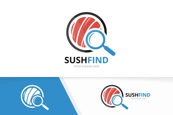 Vector sushi and loupe logo combination. Japanese food and magnifying symbol or icon. Unique seafood and search logotype design template. — Stock Vector