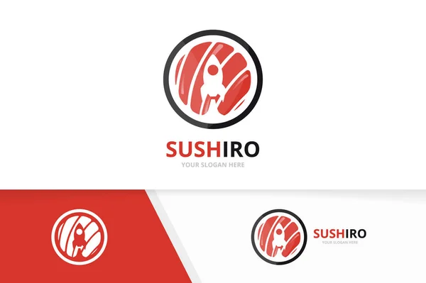Vector sushi en raket logo-combinatie. Japans voedsel en vliegtuig symbool of pictogram. Unieke zeevruchten en vlucht logo ontwerpsjabloon. — Stockvector