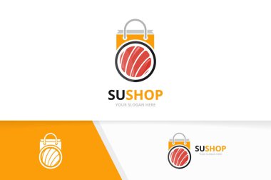 Vektör suşi ve Dükkanı logo bileşimi. Japon gıda ve satış sembol veya simge. Eşsiz deniz ürünleri ve çanta logo tasarım şablonu.
