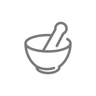 Basit kimyasal gemi, harç, havaneli, pistil, pounder satırı simgesi. Vektör çizim tasarım sembolü ve işareti. Beyaz arka plan üzerinde izole