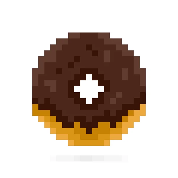 Schokoladen-Donut im Pixelstil. Dessert und Süßigkeiten 8-Bit-Kunstsymbol auf weißem Hintergrund — Stockvektor