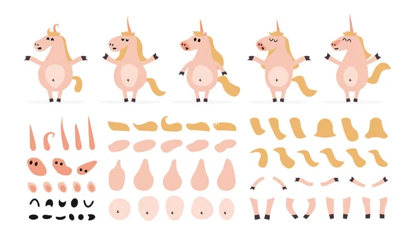 Set di cartoni animati fantastici elementi unicorno per l'animazione dei personaggi. Icone con volti diversi, capelli, mani, piedi, viso, corpo, emozioni, vedute, gesti isolati su sfondo bianco . — Vettoriale Stock