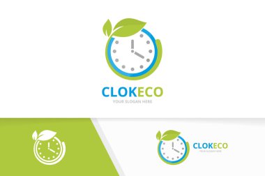 Vektör saat ve yaprak logo bileşimi. Zaman ve eko simge veya simge. Benzersiz hızlı ve organik logo tasarım şablonu.