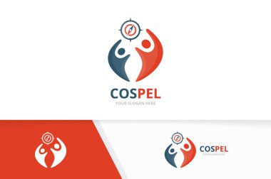 Vektör pusula ve insanlar logo bileşimi. Gezinti ve aile simge veya simge. Benzersiz seyahat ve Birliği, yardım, bağlanmak, takım logo tasarım şablonu.