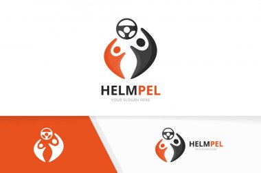 Vektör araba dümen ve insanlar logo bileşimi. Direksiyon simidi ve aile simge veya simge. Benzersiz dümen ve Birliği, yardım, bağlanmak, takım logo tasarım şablonu.
