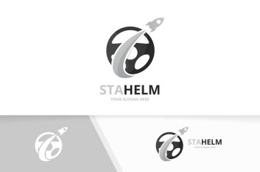 Vektör araba dümen ve roket logo bileşimi. Direksiyon simidi ve uçak simge veya simge. Benzersiz dümen ve uçuş logo tasarım şablonu.