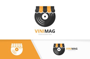 Vektör vinil ve Dükkanı logo bileşimi. Kayıt ve satış sembol veya simge. Eşsiz müzik albüm ve Pazar logo tasarım şablonu.
