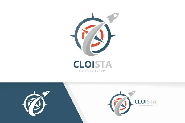 Combinazione di bussola vettoriale e logo razzo. Simbolo o icona di navigazione e aereo. Modello di design unico del logotipo di viaggio e volo . — Vettoriale Stock