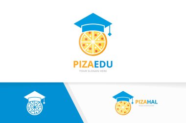 Vektör yüksek lisans şapka ve pizza logo bileşimi. Çalışma ve gıda simge veya simge. Benzersiz pizzacı logo tasarım şablonu.
