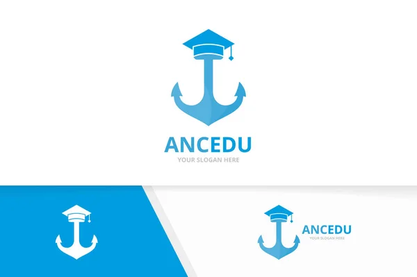Vector afgestudeerde hoed en anker logo combinatie. Studie en marine symbool of pictogram. Unieke Marine en college logo ontwerpsjabloon. — Stockvector