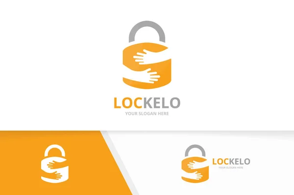 Vector lock en handen logo-combinatie. Veilig en omhelzing symbool of pictogram. Unieke hangslot en team, vriendschap logo ontwerpsjabloon. — Stockvector