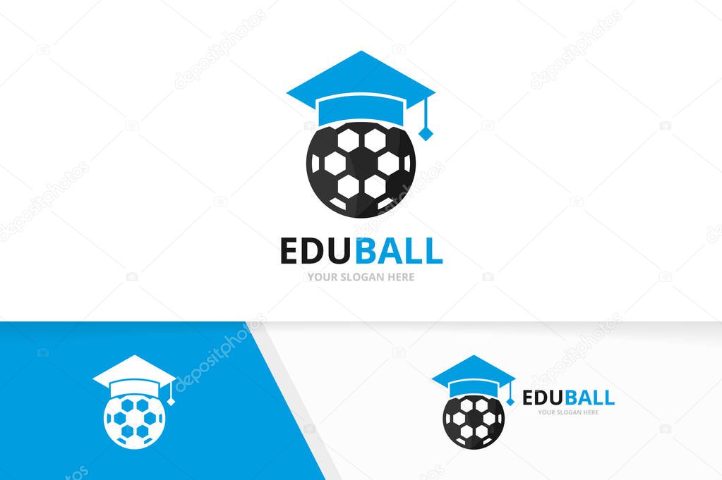 Vector graduate hat and soccer logo combination. Study and ball symbol or icon. Unique football college logotype design template.