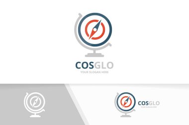 Vektör pusula ve küre logo bileşimi. Gezinti gezegen simge veya simge. Benzersiz seyahat logo tasarım şablonu.