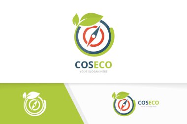 Vektör pusula ve yaprak logo bileşimi. Gezinti ve eko simge veya simge. Benzersiz seyahat ve organik logo tasarım şablonu.