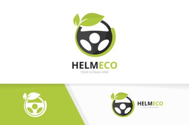 Vektör araba dümen ve yaprak logo bileşimi. Direksiyon simidi ve eko simge veya simge. Benzersiz dümen ve organik logo tasarım şablonu.