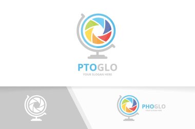 Vektör kamera çekim ve küre logo bileşimi. Objektif gezegen simge veya simge. Benzersiz fotoğraf logo tasarım şablonu.