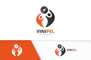 Vektör vinil ve insanlar logo bileşimi. Kayıt ve aile sembol veya simge. Eşsiz müzik albüm ve Birliği, yardım, bağlanmak, takım logo tasarım şablonu.