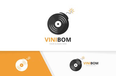 Vektör vinil ve bomba logo bileşimi. Kaydetmek ve simge veya simge patlatmak. Eşsiz müzik albüm ve silah logo tasarım şablonu.