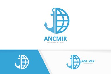 Vektör çapa ve gezegeni logo bileşimi. Deniz ve dünya sembolü veya simge. Eşsiz deniz kuvvetleri ve küre logo tasarım şablonu.