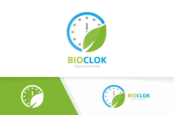 Vector logo-combinatie van klok en blad. Tijd en eco-symbool of pictogram. Unieke uitdrukkelijke en biologische logo ontwerpsjabloon. — Stockvector