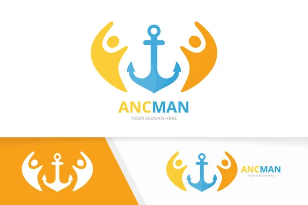 Vector anchor and people logo combination. Marine and family symbol or icon. Unique navy and union, help, connect, team logotype design template. — Stock Vector
