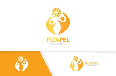 Vektör pizza ve insanlar logo bileşimi. Gıda ve aile simge veya simge. Benzersiz pizzeria ve Birliği, yardım, bağlanmak, takım logo tasarım şablonu.
