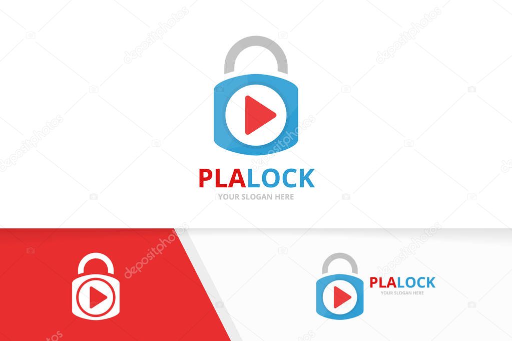 Vector button play and lock logo combination. Record and safe symbol or icon. Unique help and padlock logotype design template.