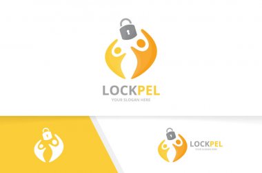 Vektör kilit ve insanlar logo bileşimi. Güvenli ve aile simge veya simge. Benzersiz asma kilit ve Birliği, yardım, bağlanmak, takım logo tasarım şablonu.