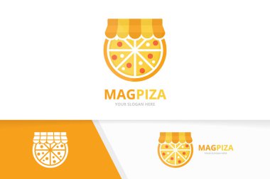 Vektör pizza ve mağaza logo kombinasyonu. Gıda ve satış sembolü veya simgesi. Benzersiz pizzacı ve pazar logotipi tasarım şablonu.