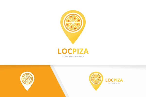 Vektoros pizza és a Térkép mutató logó kombinációja. Élelmiszer-és GPS kereső szimbólum vagy ikon. Egyedi pizzériával és PIN logotípus tervezősablon. — Stock Vector