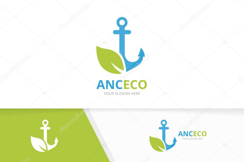 Vector anchor and leaf logo combination. Marine and eco symbol or icon. Unique navy and organic logotype design template.