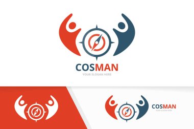 Vektör pusula ve insanlar logo bileşimi. Gezinti ve aile simge veya simge. Benzersiz seyahat ve Birliği, yardım, bağlanmak, takım logo tasarım şablonu.