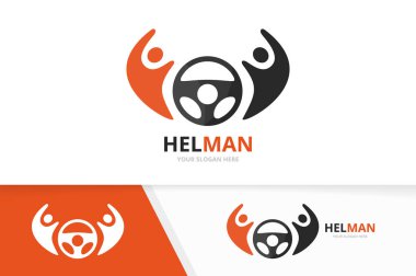 Vektör araba dümen ve insanlar logo bileşimi. Direksiyon simidi ve aile simge veya simge. Benzersiz dümen ve Birliği, yardım, bağlanmak, takım logo tasarım şablonu.