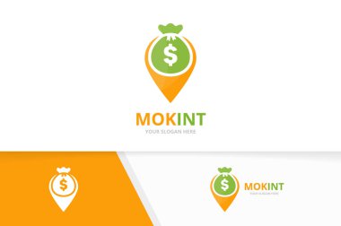 Vektör çanta ve harita işaretçi logo bileşimi. Çuval ve gps Konumlandırıcı simge veya simge. Benzersiz para ve PIN logo tasarım şablonu.